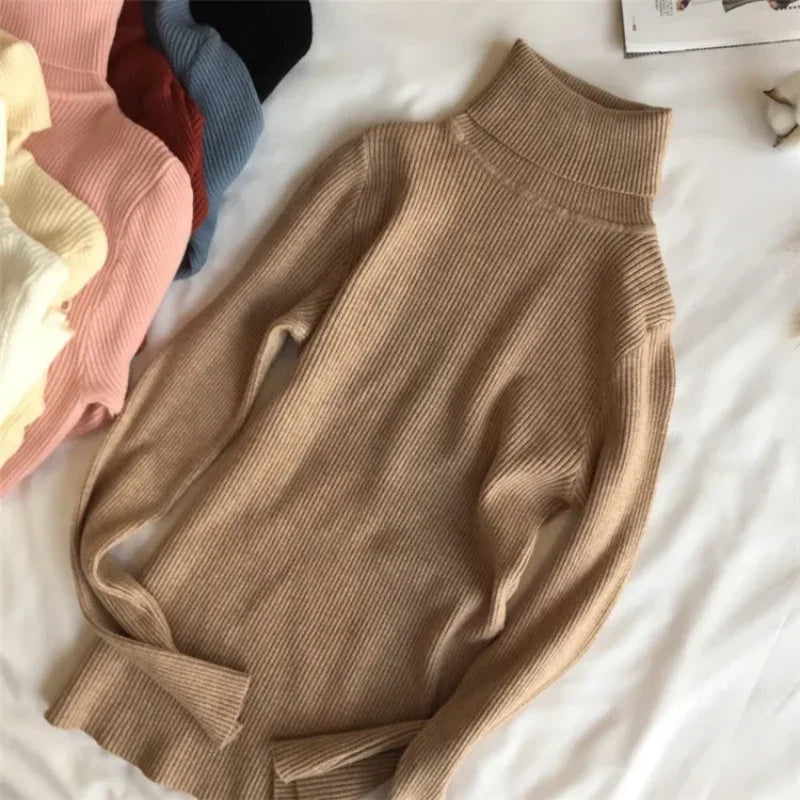 2024 Autumn Winter Thick Sweater Women Knitted Ribbed Pullover Sweater Long Sleeve Turtleneck Slim Jumper Soft Warm Pull Femme - Smarsty