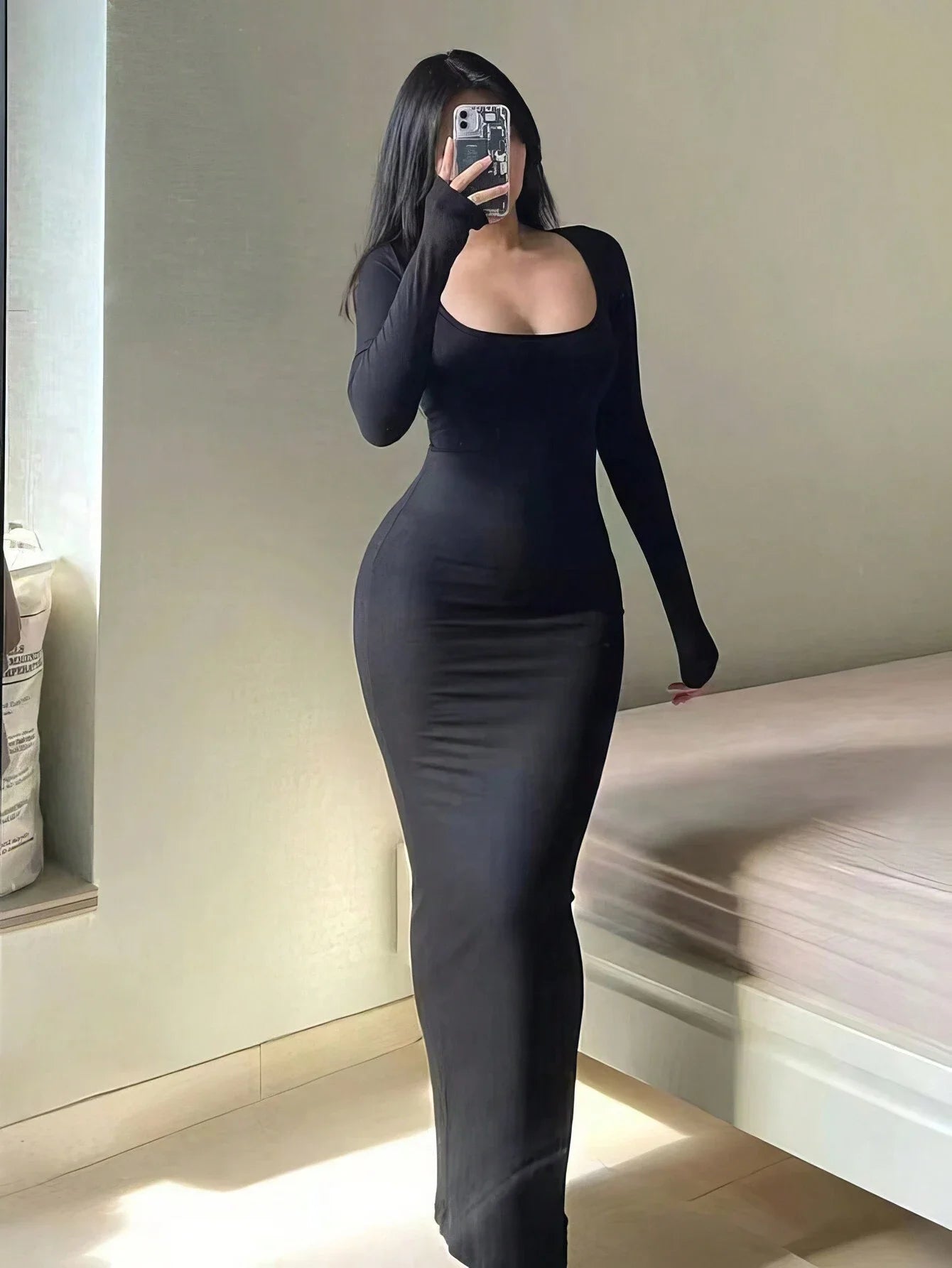 Women's Solid Long Sleeve Bodycon Dress, Chic Basic Minimalist Causual Fashion Scoop Neck Long Dress, Womenswear - Smarsty