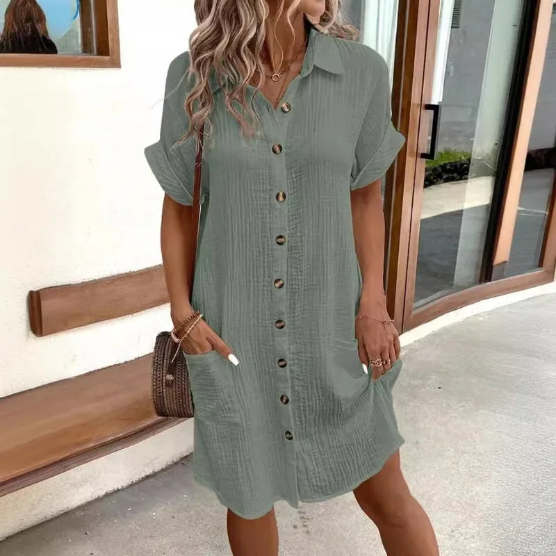 Women's Fashion Summer Minimalist V-neck Button Up Dress Woman Cotton Linen White Short Sleeved Pocket Casual Loose Shirt Dress - Smarsty