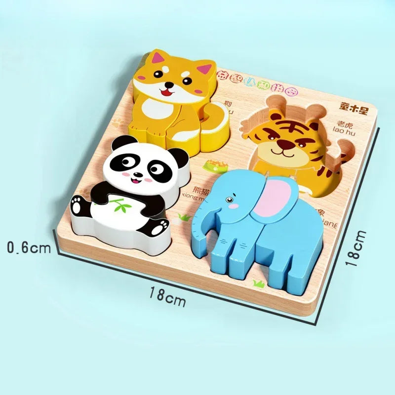 Montessori Cartoon 3D Wooden Puzzle Animal Traffic Jigsaw Toys for Kids Early Learning Educational Cognitive Game Children Gifts by Smarsty