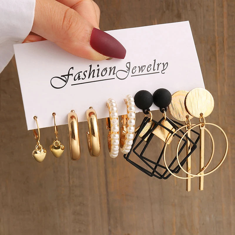 Vintage Gold Pearl Geometry Dangle Earrings for Women - Smarsty