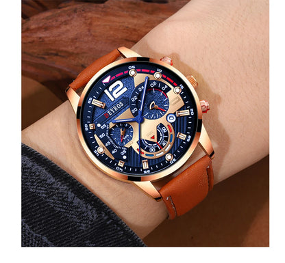 Luxury Men's Quartz Watch Set with Brown Leather Band - Smarsty