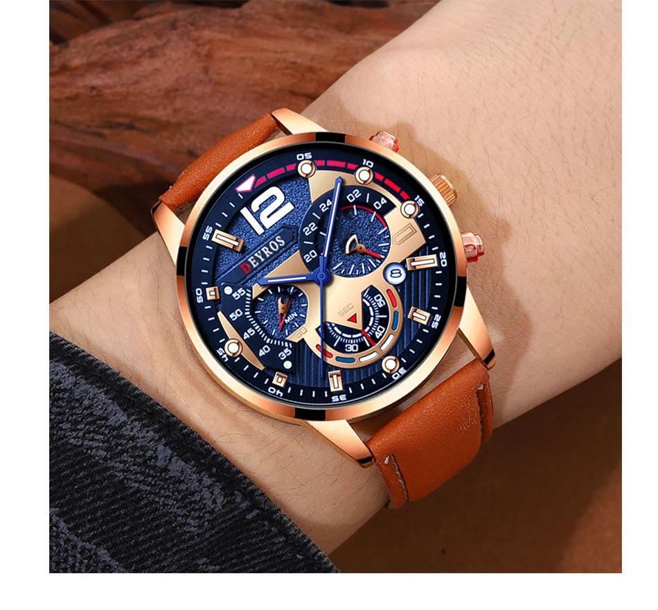 Luxury Men's Quartz Watch Set with Brown Leather Band - Smarsty
