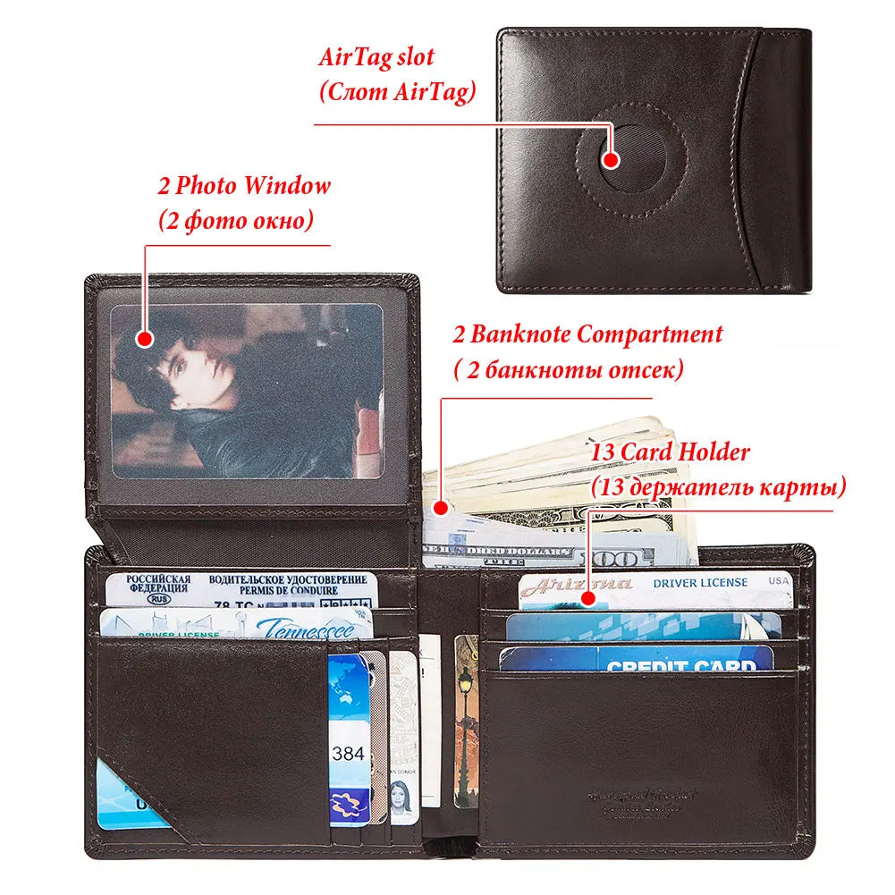 HUMERPAUL Airtag Wallet For Men Real Leather RFID Trifold Card Holder Case with ID Window Slim Anti-lost Purse - Smarsty