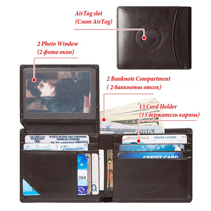 HUMERPAUL Airtag Wallet For Men Real Leather RFID Trifold Card Holder Case with ID Window Slim Anti-lost Purse - Smarsty