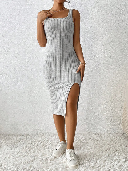 Women Summer Style Knitted Suspender Dress Lady Sleeveless Square Collar Side Slit Skirt Dress Vestidos - Smarsty