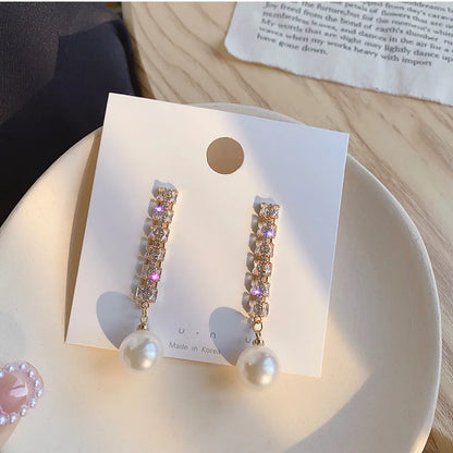 Pearl Long Earrings With Rhinestones For Wedding Fashion - Smarsty