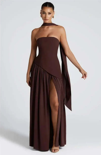 Mozision Strapless Off-shoulder Sexy Maxi Dress For Women Gown Patchwork Scarf Collar Thigh High Split Club Party Long Dress - Smarsty