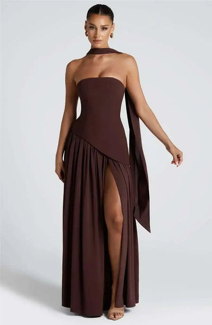 Mozision Strapless Off-shoulder Sexy Maxi Dress For Women Gown Patchwork Scarf Collar Thigh High Split Club Party Long Dress