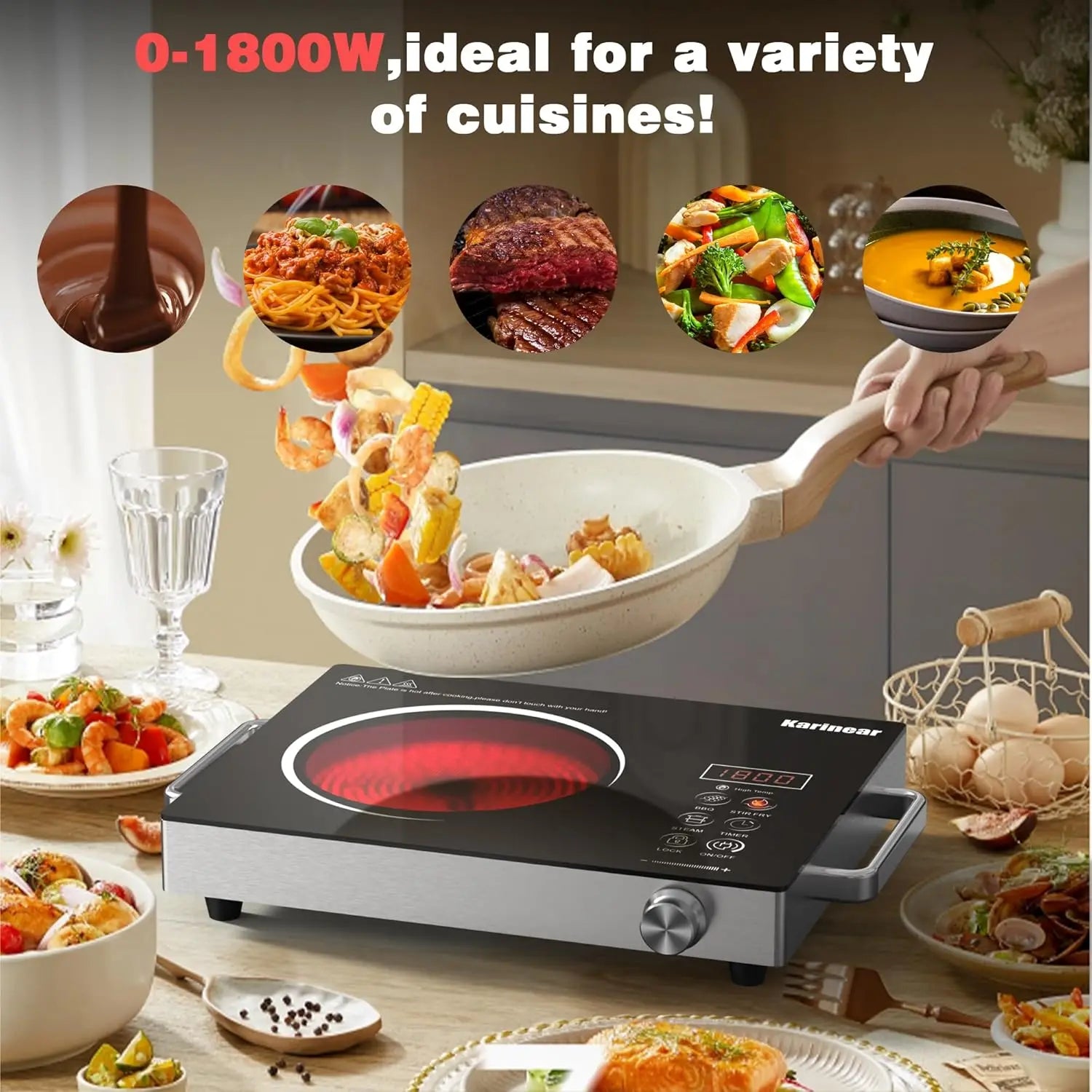 Karinear Ceramic hob 1 Zone Portable with Gummifüße, 650°C Max, 36CM, 220-240V Plug, Anti-scald Handle,2000W, Timer, Safety Lock