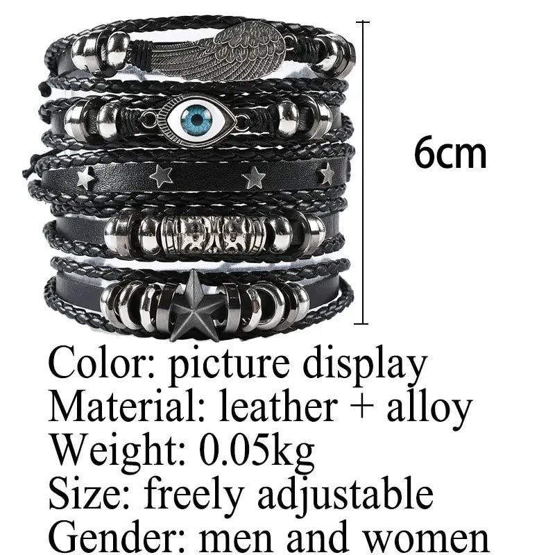 5pcs Evil Eye Wing Star Diy Braided Punk Style Bracelet Set, Featuring Pu Leather And Beads - Smarsty