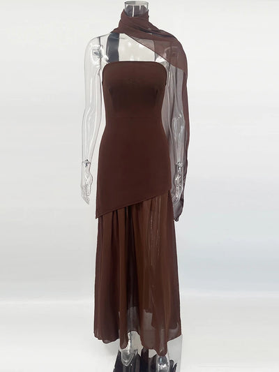 TARUXY Fashion Strapless Dress With Ribbon Female Elegant Sleeveless Mesh Beach Vacation Long Dress 2025 Spring New Women Dress - Smarsty