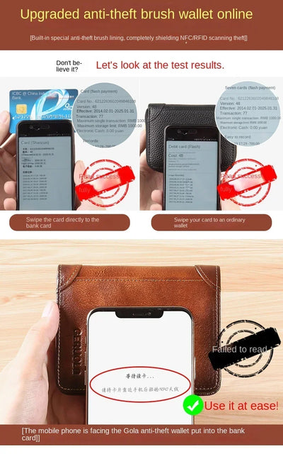 Men Wallet Genuine Leather Rfid Blocking Trifold Wallet Vintage Thin Short Multi Function ID Credit Card Holder Male Purse Money - Smarsty