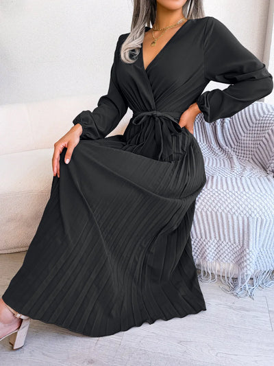 Women Elegant V Neck Long Sleeve Pleated Maxi Dress - Smarsty