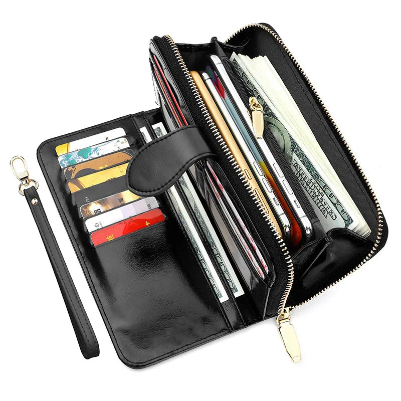 Bright and shiny wax leather long wallet that can hold multiple cards, card bags, and comes with a wristband