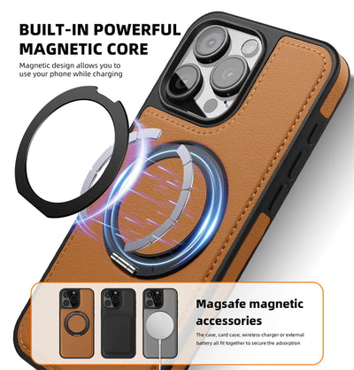 360 Rotating Metal Ring Stand Magnetic Leather Case for IPhone 17 Air 15 14 13 12 11 16 Pro Max Plus 15Pro Magsafe Holder Cover