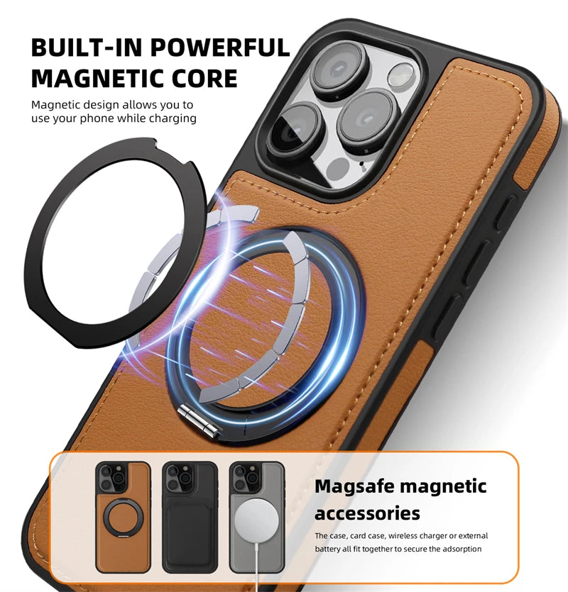 360 Rotating Metal Ring Stand Magnetic Leather Case for IPhone 17 Air 15 14 13 12 11 16 Pro Max Plus 15Pro Magsafe Holder Cover