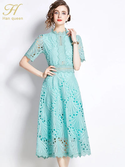 H Han Queen Spring New Elegant Casual Work Party Dresses Floral Crochet Hollow Out Lace Patchwork Casual Office Midi Dress - Smarsty