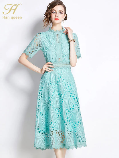 H Han Queen Spring New Elegant Casual Work Party Dresses Floral Crochet Hollow Out Lace Patchwork Casual Office Midi Dress - Smarsty