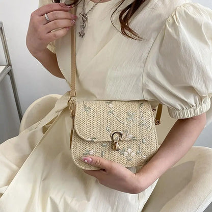 Straw Saddle Bag Crossbody Embroidered For Women Trendy - Smarsty