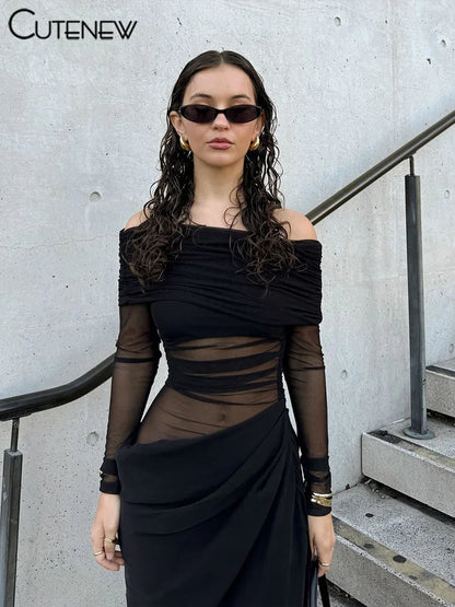 Cutenew Mesh Ruched Women Maxi Dress Sexy See Through Off Shoulder Long Sleeve Sheath Vestidos Female Midnight Party Solid Robe - Smarsty