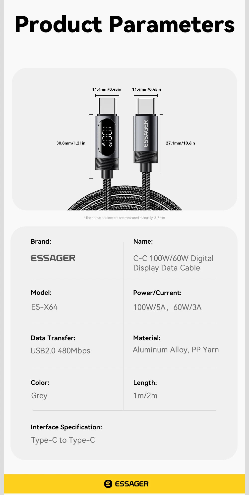 Essager Digital Dispaly USB C Cable For iPhone 17 16 15 Xiaomi Huawei 100W PD Fast Charging For Macbook iPad Type C to C Cable - Smarsty