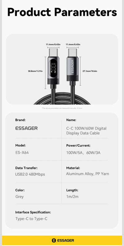 Essager Digital Dispaly USB C Cable For iPhone 17 16 15 Xiaomi Huawei 100W PD Fast Charging For Macbook iPad Type C to C Cable - Smarsty