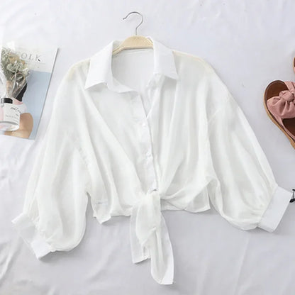 Casual Loose Hollow White Clothes Elegant Solid Color Tied Waist Blouse Women Summer Bat Half Sleeve Button Chiffon Shirt - Smarsty