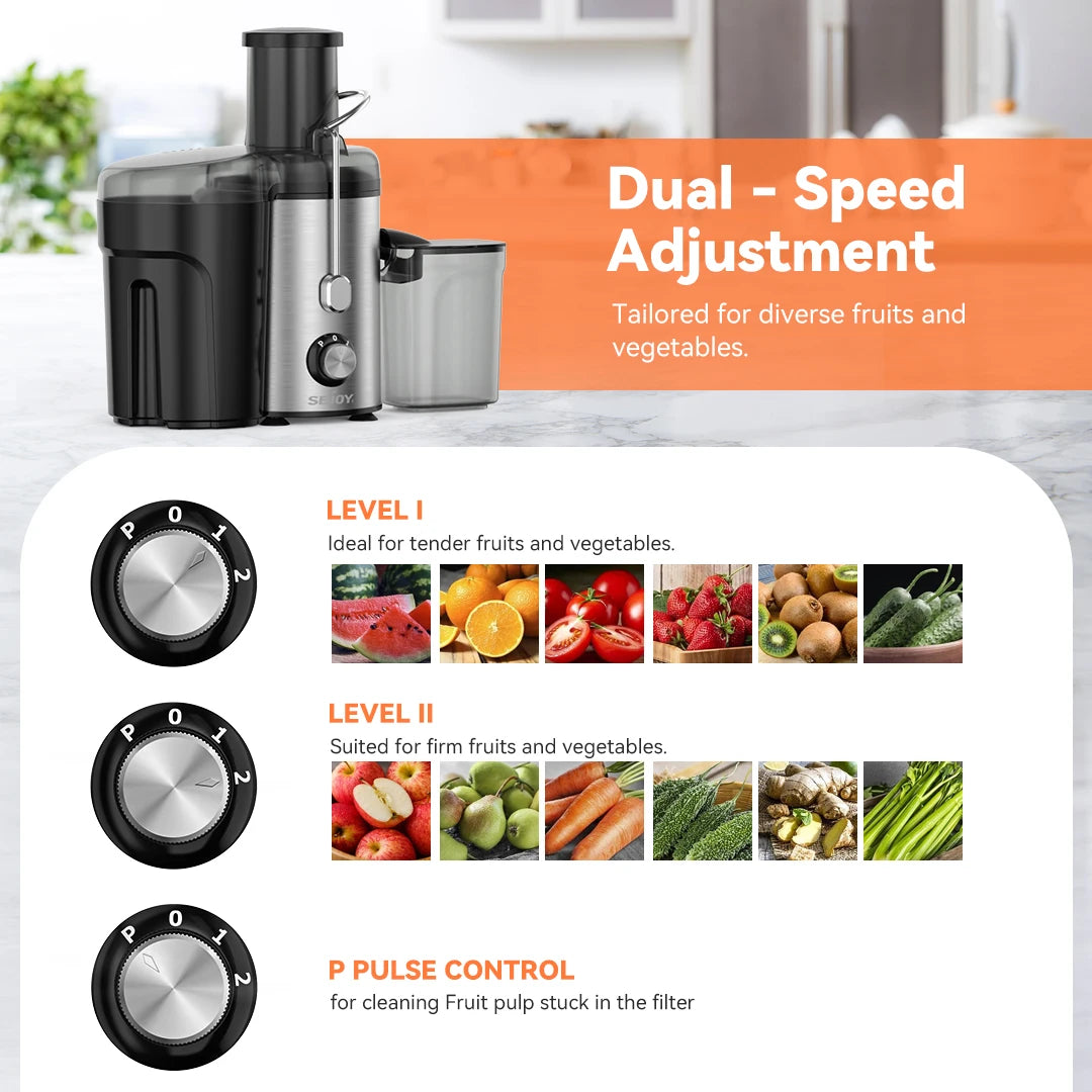 Sejoy Compact Fruits Juicer,Juice Extractor Machine Multiple Safety Features Operation Centrifugal Extractor Speed Adjustable