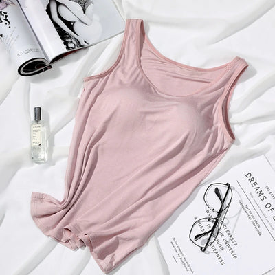 2023 Women's Vest Tops with Built In Bra Neck Vest Solid Color Padded Slim Fit Tank Tops Sexy Shirts Feminino Casual Tank Tops - Smarsty