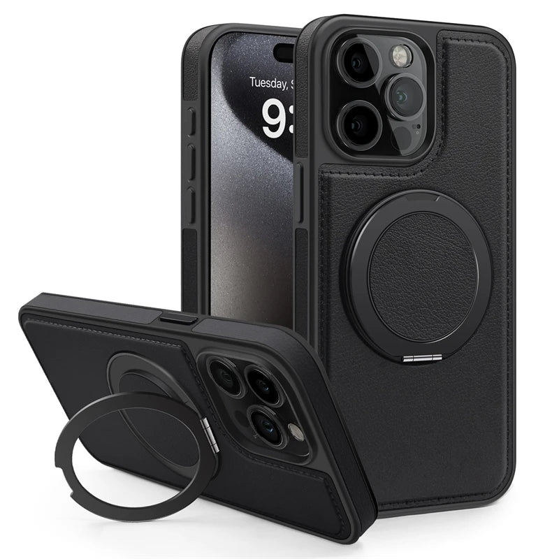 360 Rotating Metal Ring Stand Magnetic Leather Case for IPhone 17 Air 15 14 13 12 11 16 Pro Max Plus 15Pro Magsafe Holder Cover