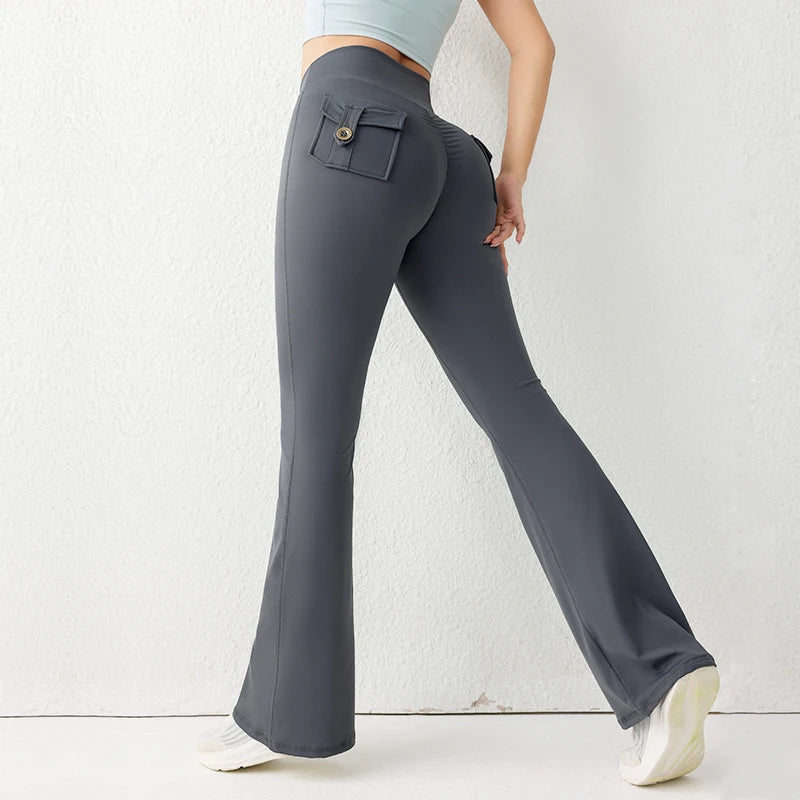 Solid Color Butt Lifting Gym Fitness Pants High Waist Flared Yoga Leggings for Women - Smarsty