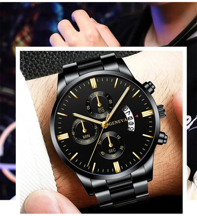 Luxury Black Stainless Steel Men's Watch with Calendar Feature - Smarsty