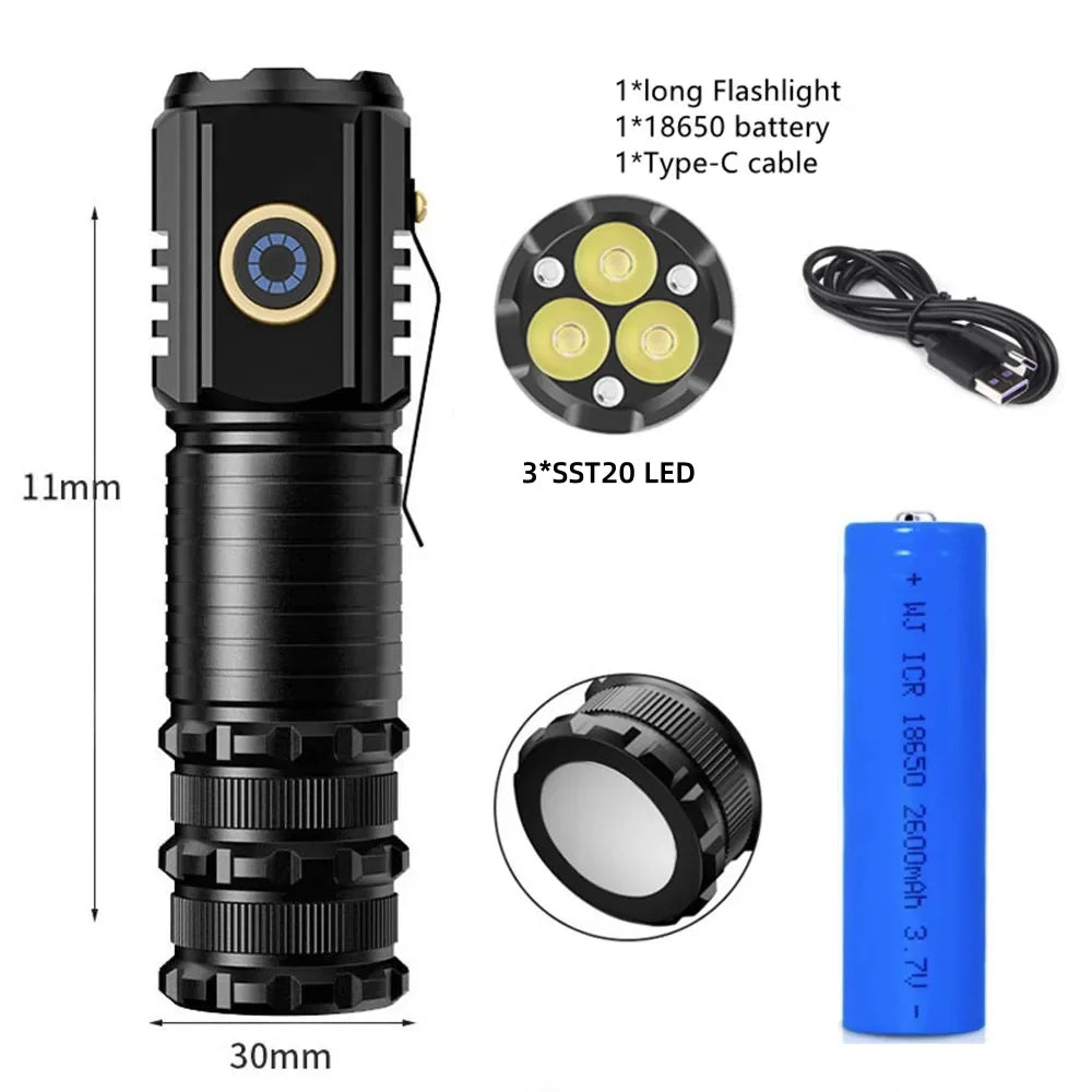 Mini Flashlight XHP50 LED USB C Rechargeable 16340 18650 Battery Flashlight 1500lm Powerful Torch Can Be Closed with One Click
