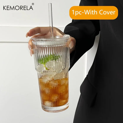 600ML Eco-Friendly Stripe Glass Coffee Cup with Lid - Smarsty