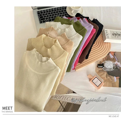 Autumn Winter Mock Neck Women Sweater Vintage Basic Solid Knitted Korean Tops Casual Slim Pullover Sweaters Simple Chic Jumpers - Smarsty