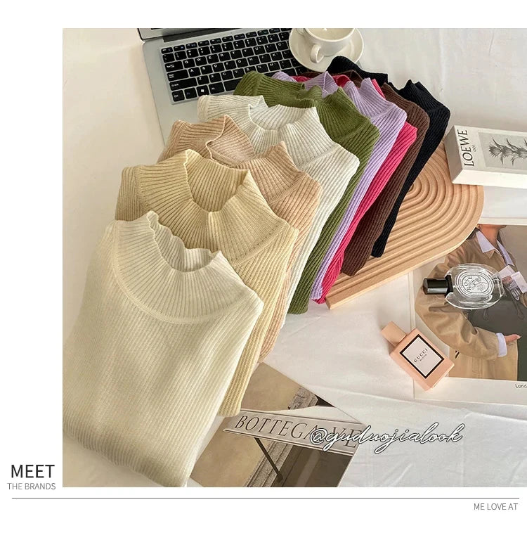 Autumn Winter Mock Neck Women Sweater Vintage Basic Solid Knitted Korean Tops Casual Slim Pullover Sweaters Simple Chic Jumpers - Smarsty