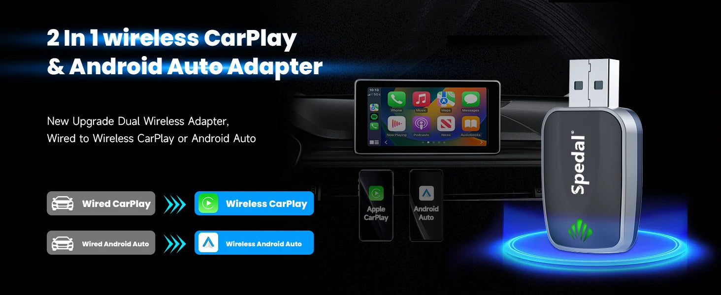 2-in-1 Wired to Wireless CarPlay Adapter & Android Auto Wireless Adapter Plug & Play