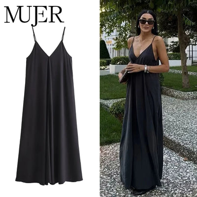 MUJER Black Slip Long Dresses for Women Red Draped Summer Dress Woman 2025 Sexy Backless Maxi Dress Women Summer Beach Dresses - Smarsty