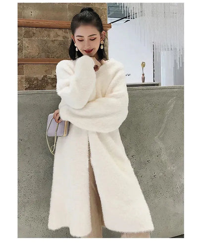 white Long Cardigan for women 2025 new winter clothes Knitted fluffy long sleeve Cashmere sweater coat korean style warm vintage - Smarsty