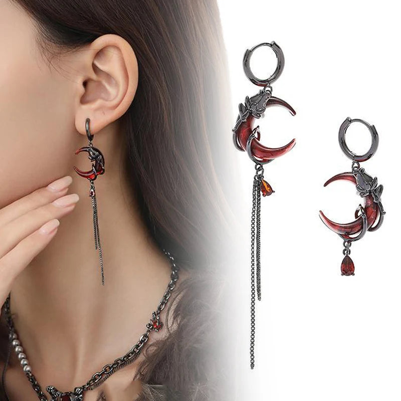 Red Moon Gem Asymmetric Earrings for Unique Punk Style - Smarsty