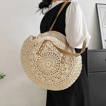 Round Straw Beach Tote for Women Large Capacity Bag - Smarsty