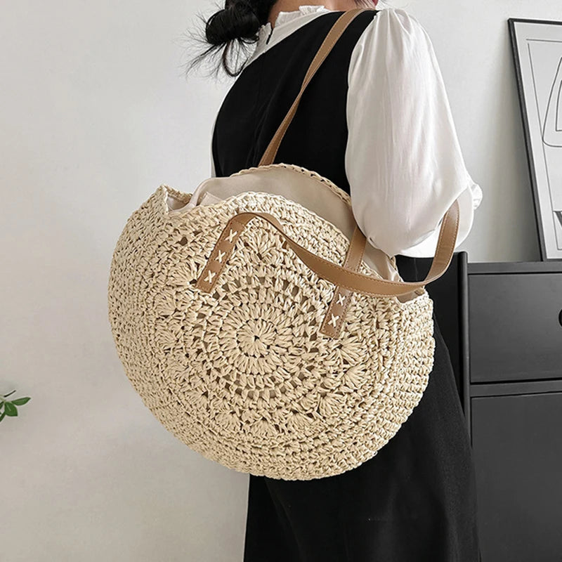 Round Straw Beach Tote for Women Large Capacity Bag - Smarsty