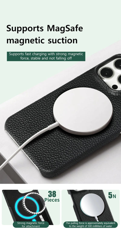 MagSafe Leather Case Natural Cowhide Lychee Finish Premium for iPhone 15, 16, 17 - Smarsty