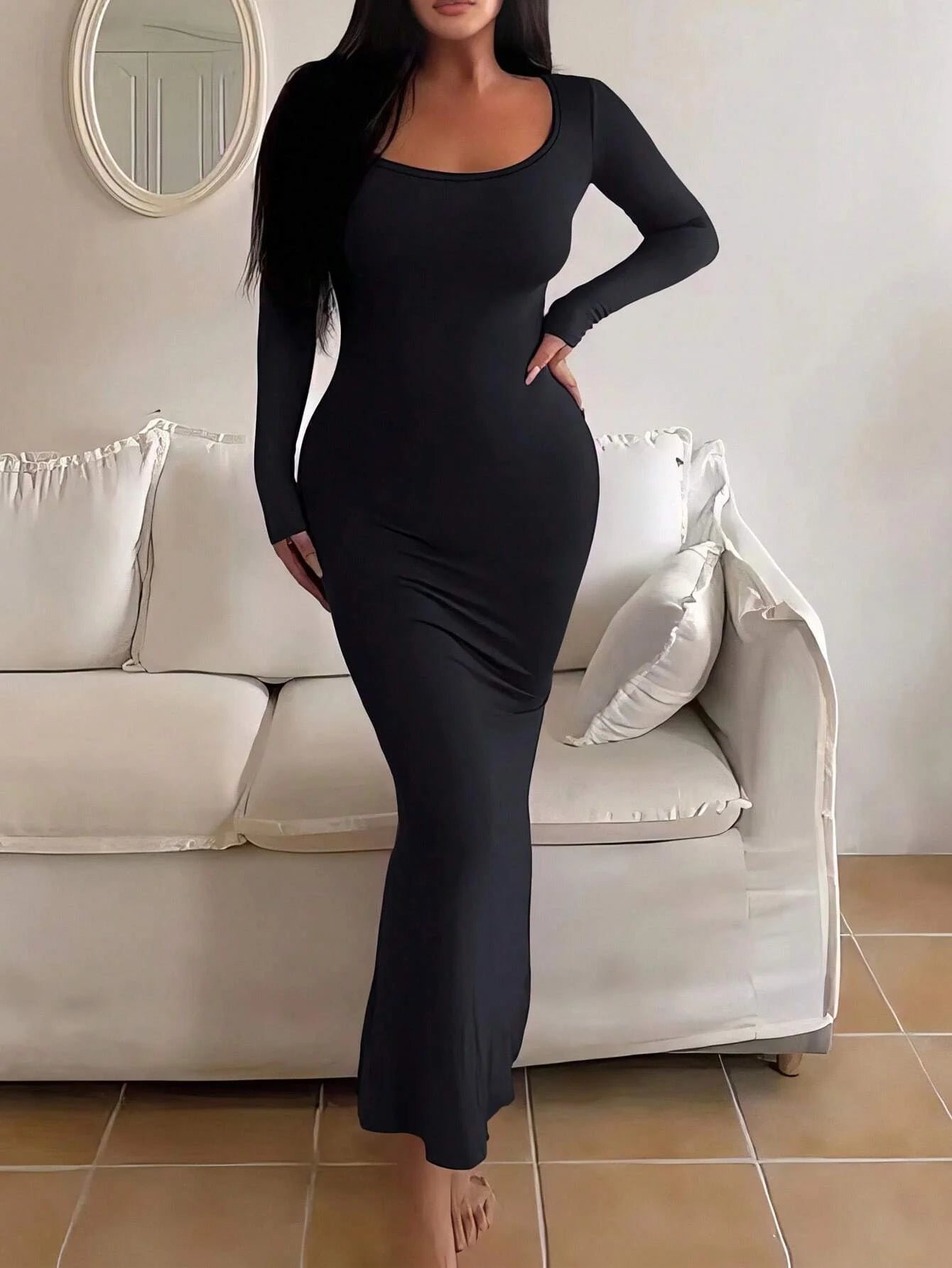 Women's Solid Long Sleeve Bodycon Dress, Chic Basic Minimalist Causual Fashion Scoop Neck Long Dress, Womenswear - Smarsty