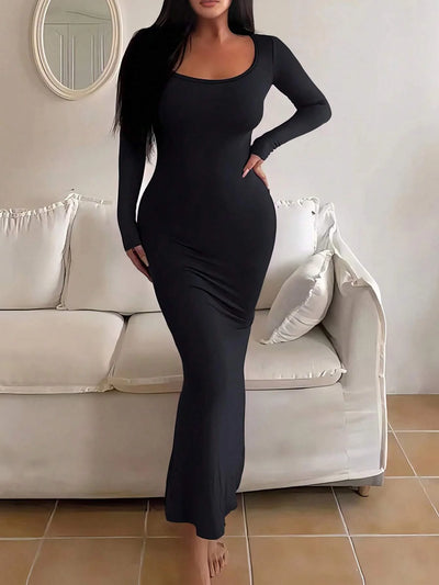 Women's Solid Long Sleeve Bodycon Dress, Chic Basic Minimalist Causual Fashion Scoop Neck Long Dress, Womenswear - Smarsty
