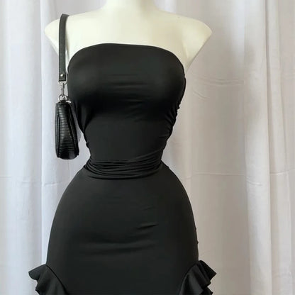Women Strapless Sexy Floral Fold Hemline High Slit Mini Dress 2024 Solid Backless Sleeveless Black And Pink Party Dress Vestidos - Smarsty