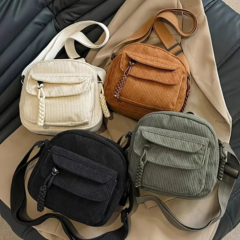 Corduroy Crossbody Bag Zipper Closure Adjustable Strap - Smarsty
