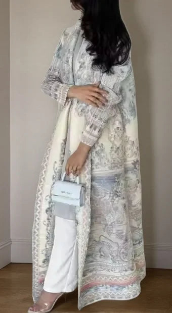 Women's Fold Miyake Pleated Abaya Long Sleeve Print Foldable Collar Robe Cardigan Coat New Winter Fashion Original Design 2024 - Smarsty