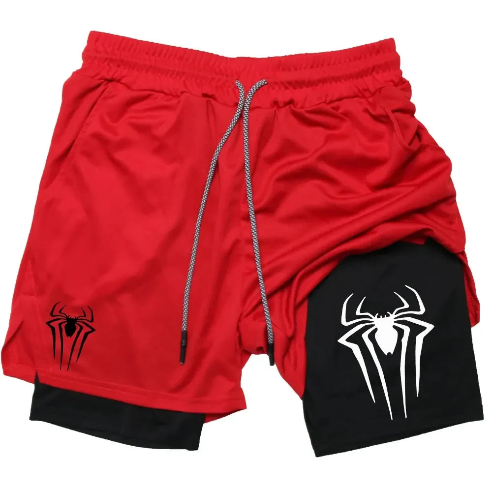 Y2K Performance Shorts Men Spider Printed GYM Casual Sports Compression Shorts Workout Running Mesh 2 In 1 Sport Short Pants - Smarsty